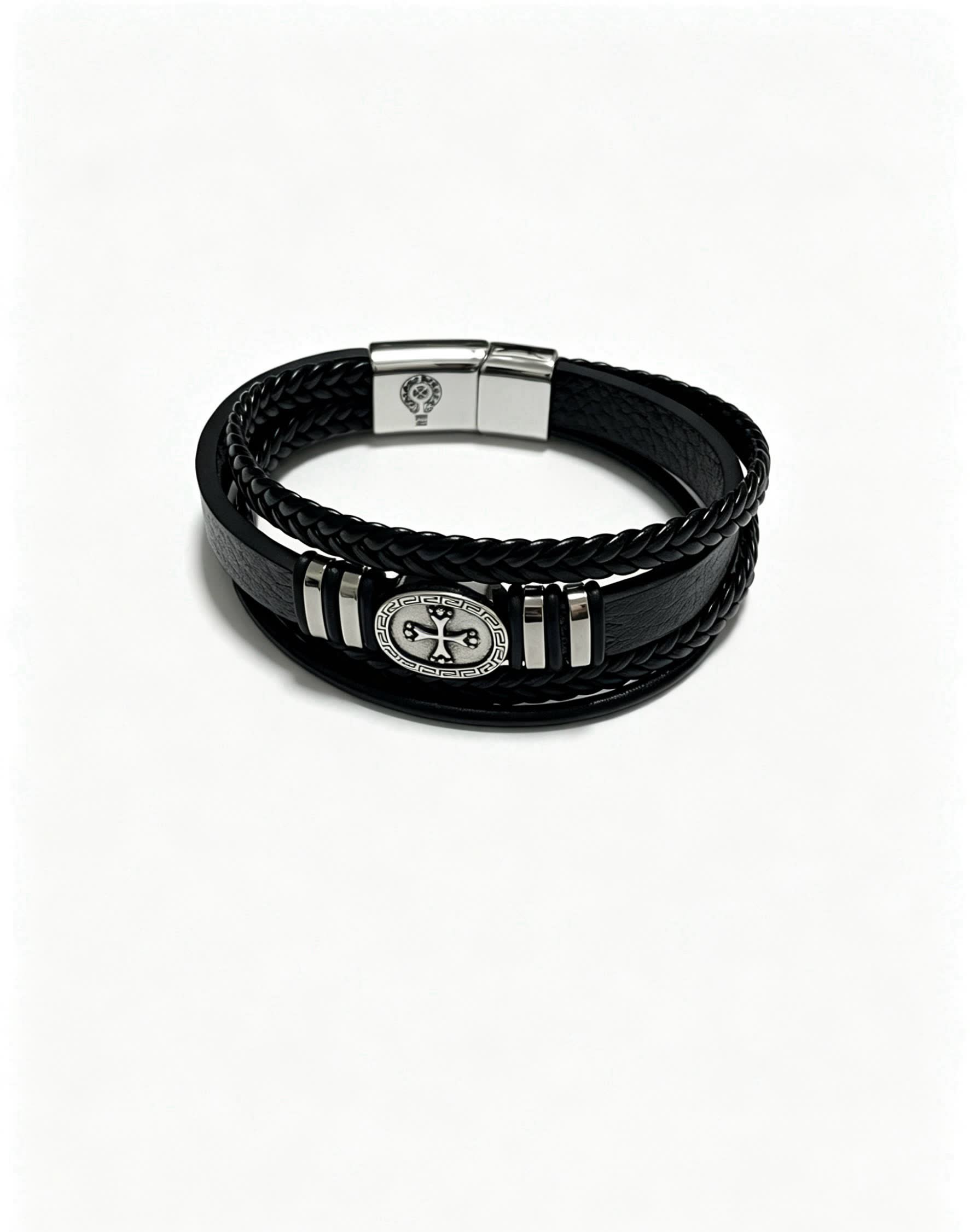 Chrome Hearts Men's Black Leather Bracelet with Silver Accents